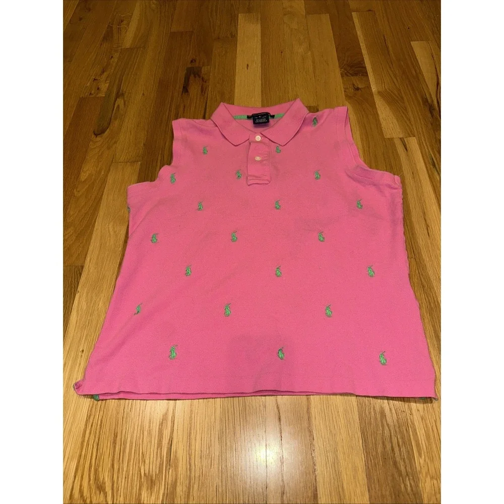 VTG Ralph Lauren Golf Polo Women L Sleeveless Pink Embroidered Polo All Sporty‎